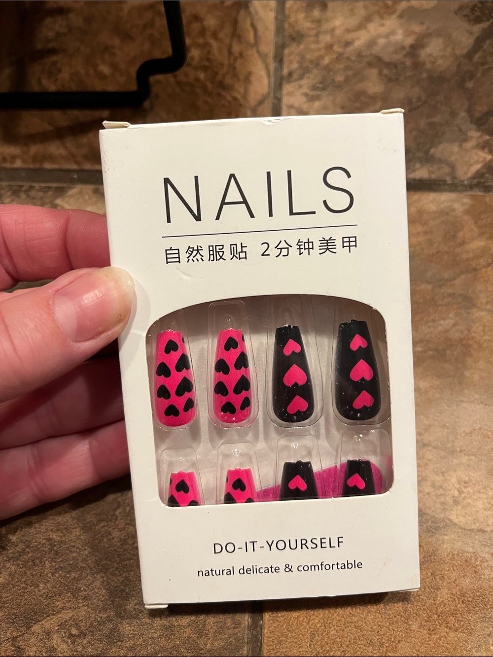 Pink and Black Long Nails with Heart Motif